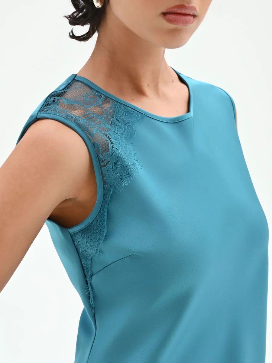 Abito longuette blu ottanio con inserti in pizzo