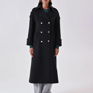 Cappotto Nero Doppiopetto con Mostrine in Misto Viscosa