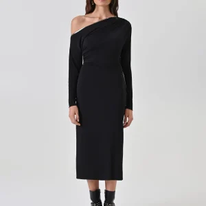 Abito monospalla nero con piping metallico