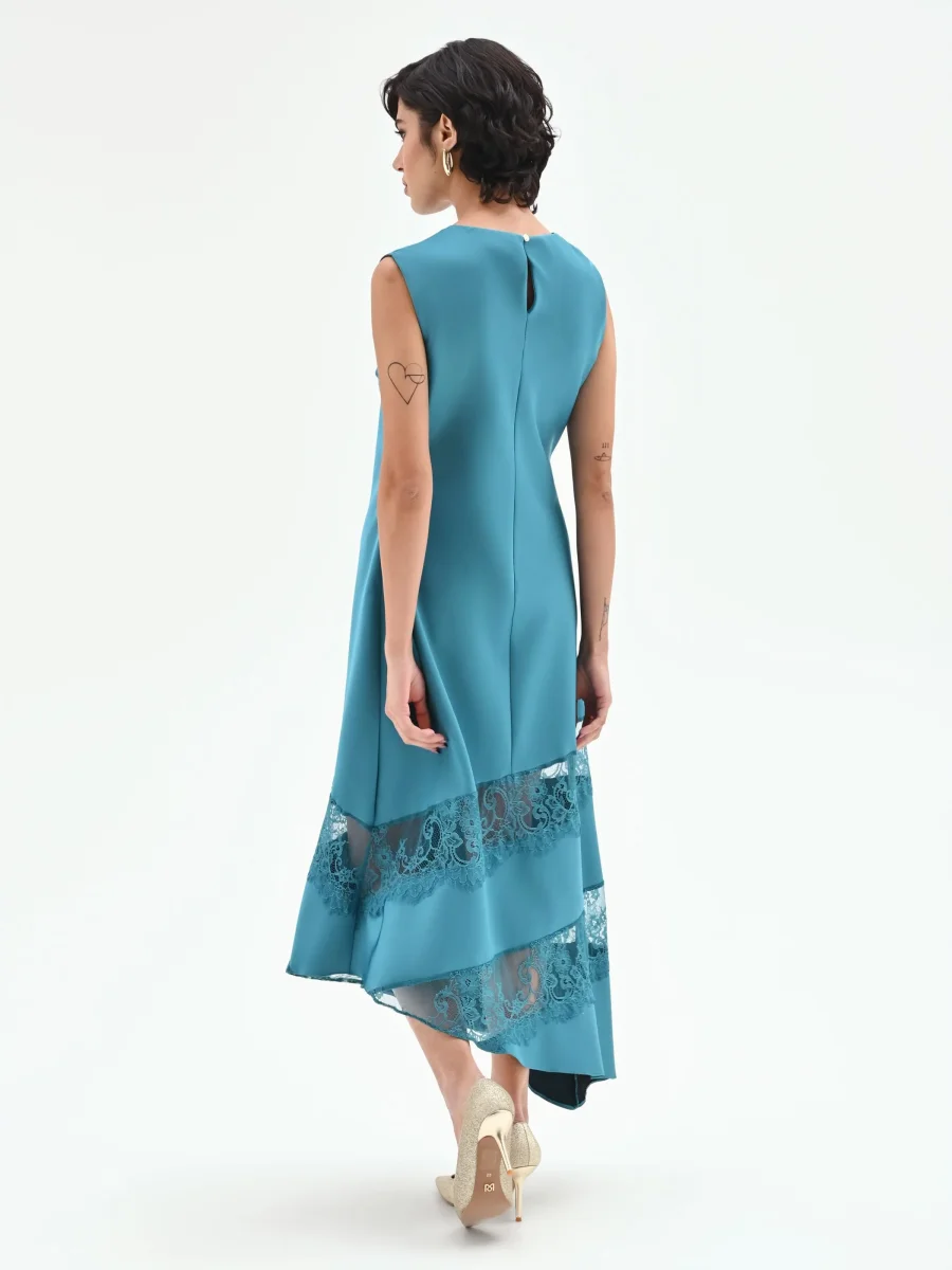 Abito longuette blu ottanio con inserti in pizzo – Image 5