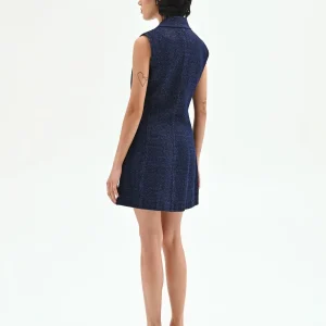 Abito corto blu smanicato con bottoni a vista