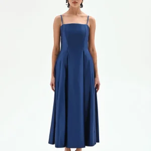 Abito svasato in raso strutturato blu brillante