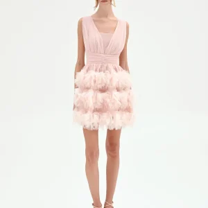 Abito corto rosa cipria con gonna in tulle