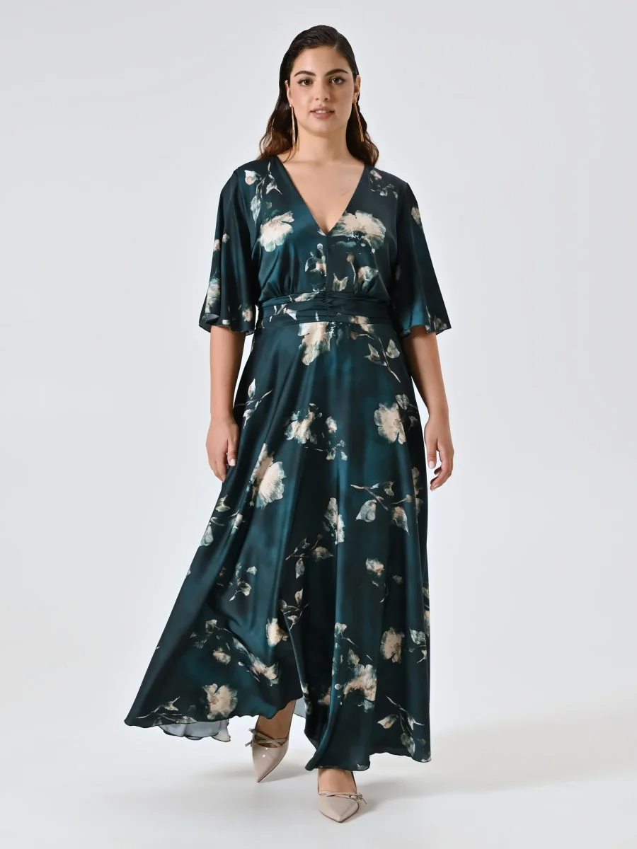 Abito Curvy Lungo Verde stampa Floreale