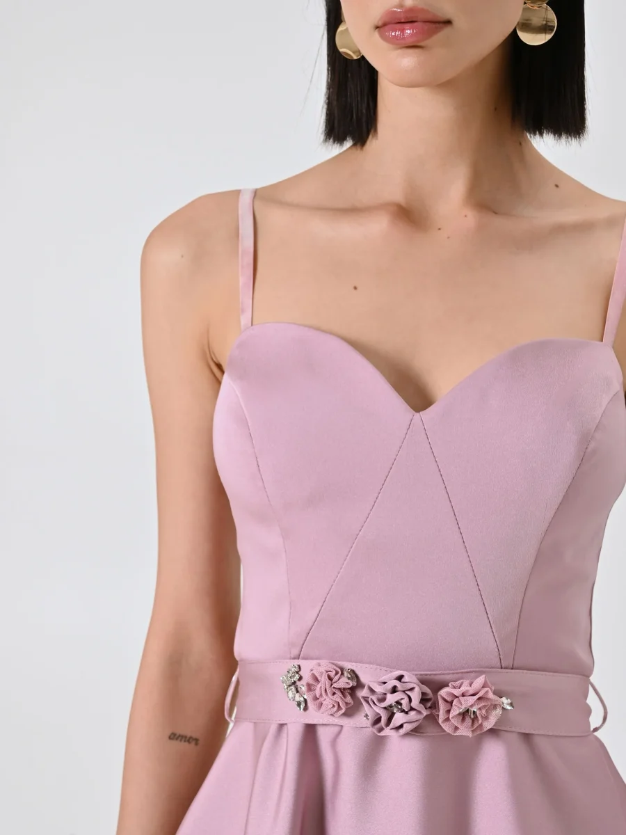 Abito a Ruota Rosa Malva in Raso – Image 4