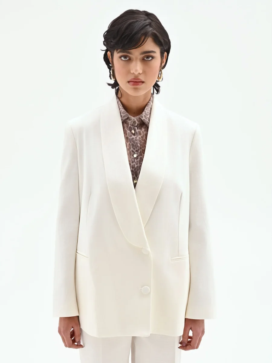Giacca blazer doppiopetto in misto cotone lyocell bianco – Image 3