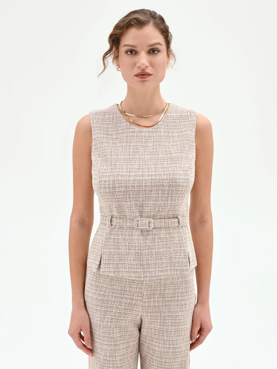 Top in Tweed Beige con Cintura – Image 3