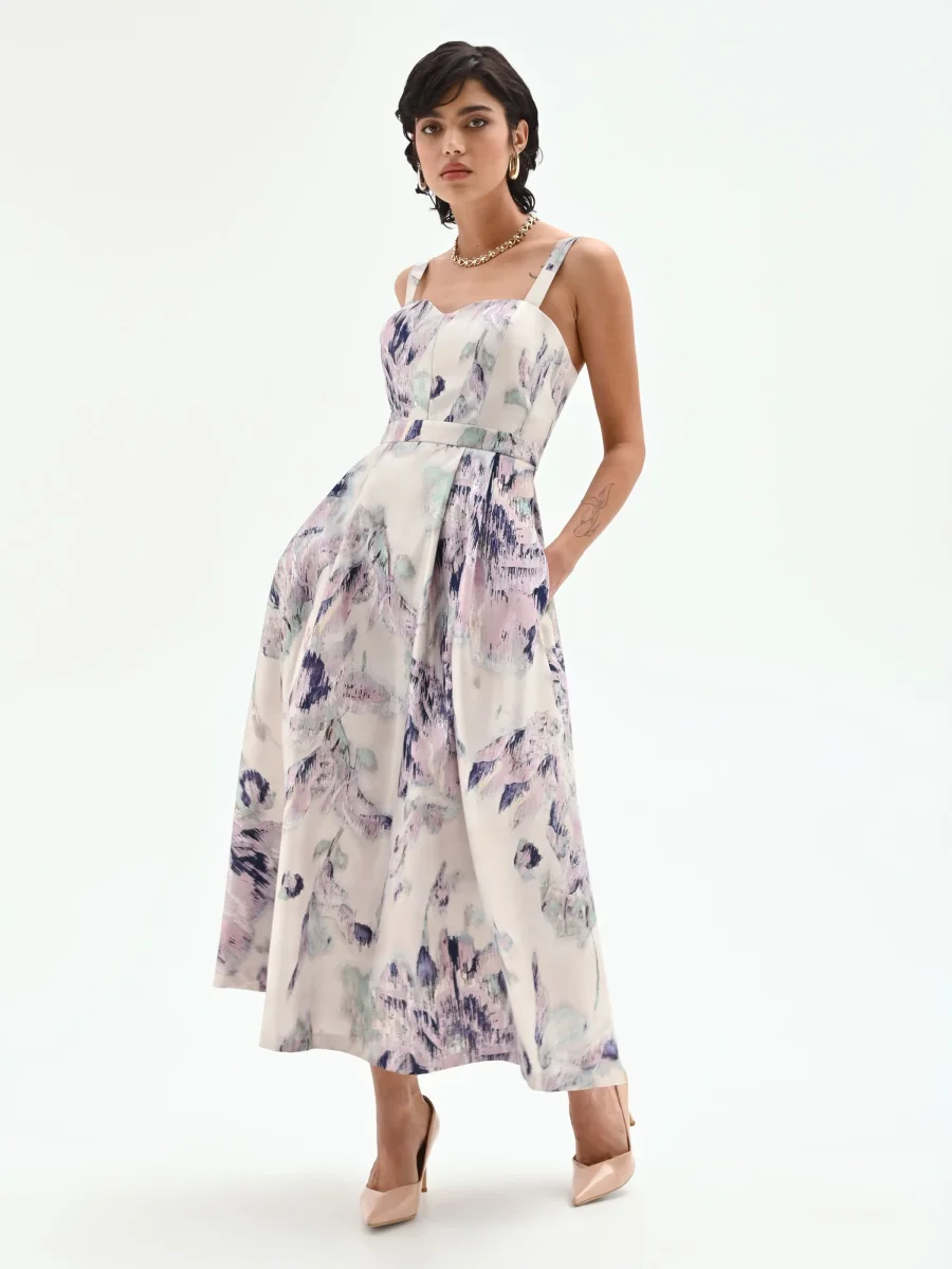 Abito midi a fiori astratti bianco panna – Image 5