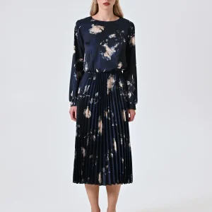 Abito Blu stampa Floreale con Gonna Plissé