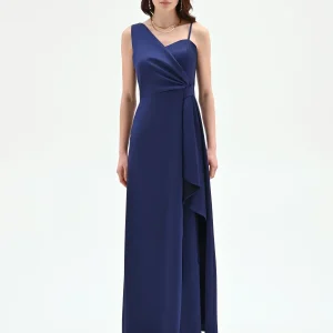 Abito atelier lungo blu indaco con nodo drappeggiato