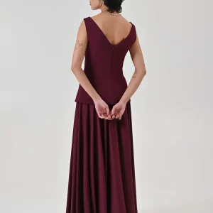 Abito Lungo Bordeaux con Gonna Fluida