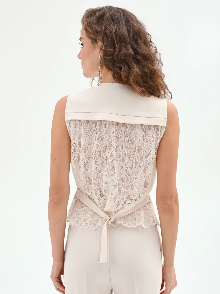 Gilet Bianco in Tessuto Fluido mano Crepe & Pizzo – Image 4