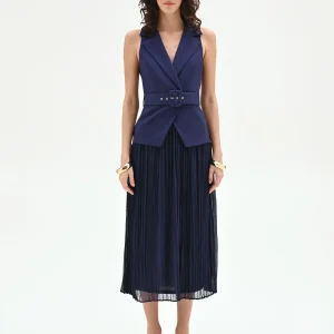 Abito midi blu navy con corpetto a gilet