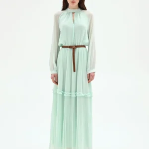 Abito lungo verde menta in georgette plissé