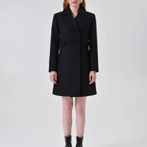 Cappotto Misto Lana Doppiopetto Nero con Bottoni Ricoperti