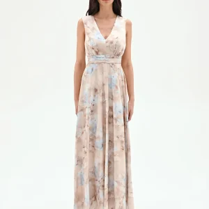 Abito lungo cielo azzurro con stampa acquerello