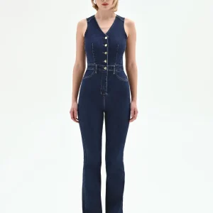 Tuta lunga in denim blu navy con bottoni a vista