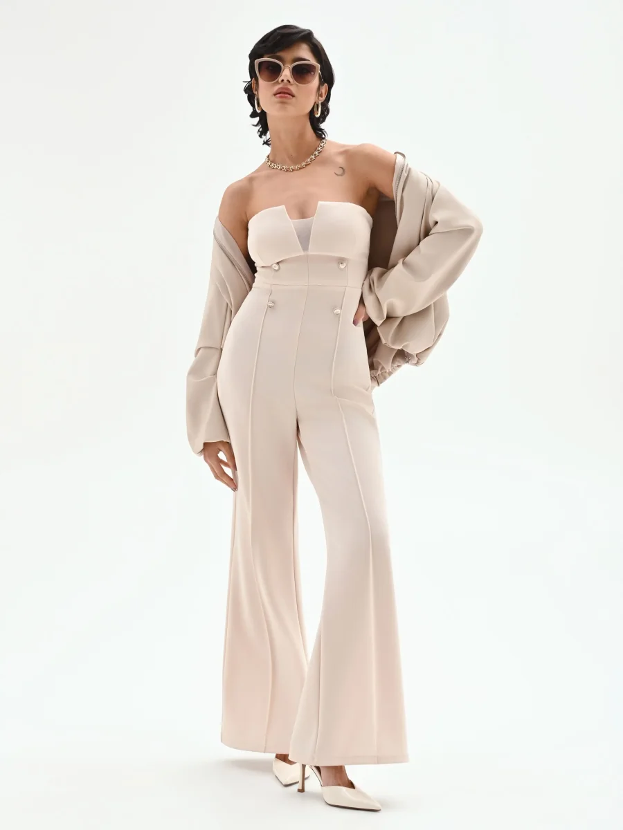 Tuta palazzo beige chiaro con bottoni e bustier – Image 7