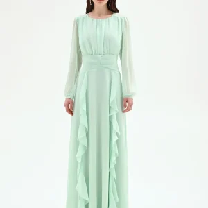 Abito lungo verde menta con volant