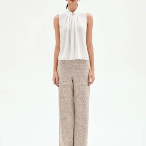 Top panna in georgette con collo arricciato