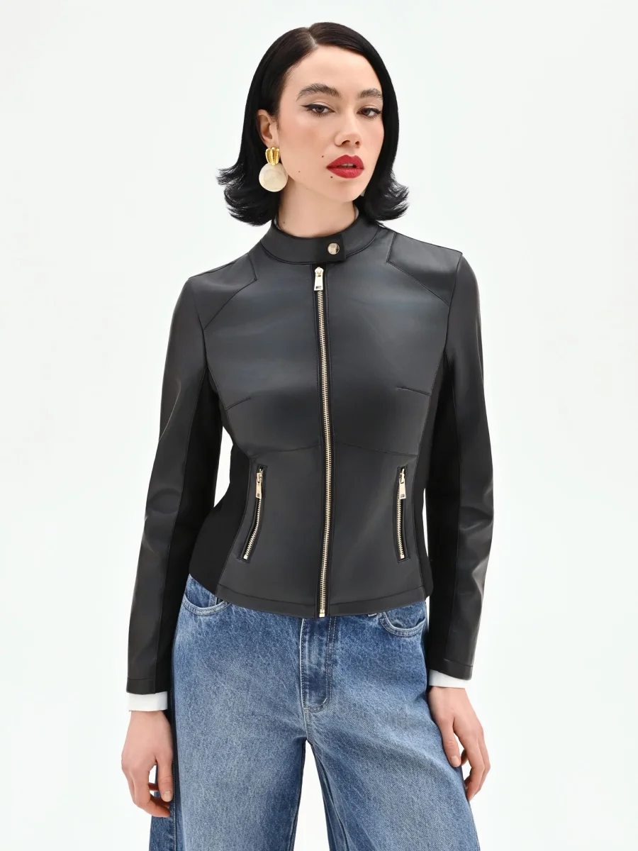 Giubbino nero effetto pelle con zip dorate – Image 4