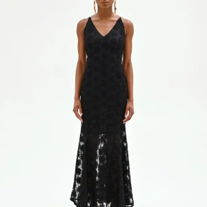 Abito lungo nero a sirena con texture floreale