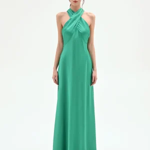 Abito lungo prato verde con scollo a torchon