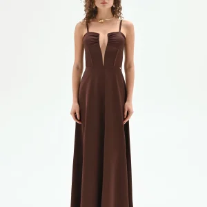 Abito lungo cioccolato con inserto in tulle