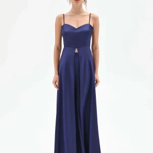 Top atelier lungo in raso blu indaco