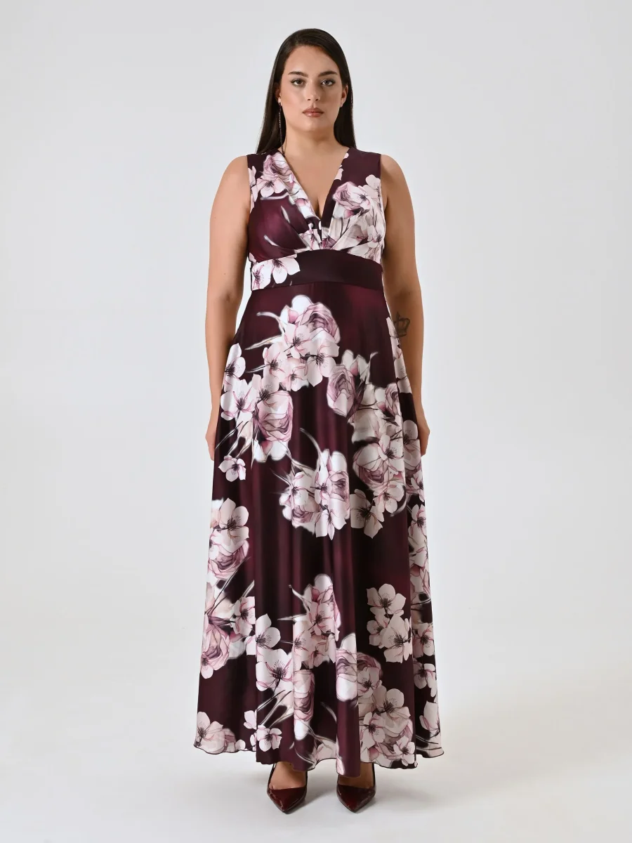 Abito Curvy Lungo Bordeaux stampa Floreale – Image 2