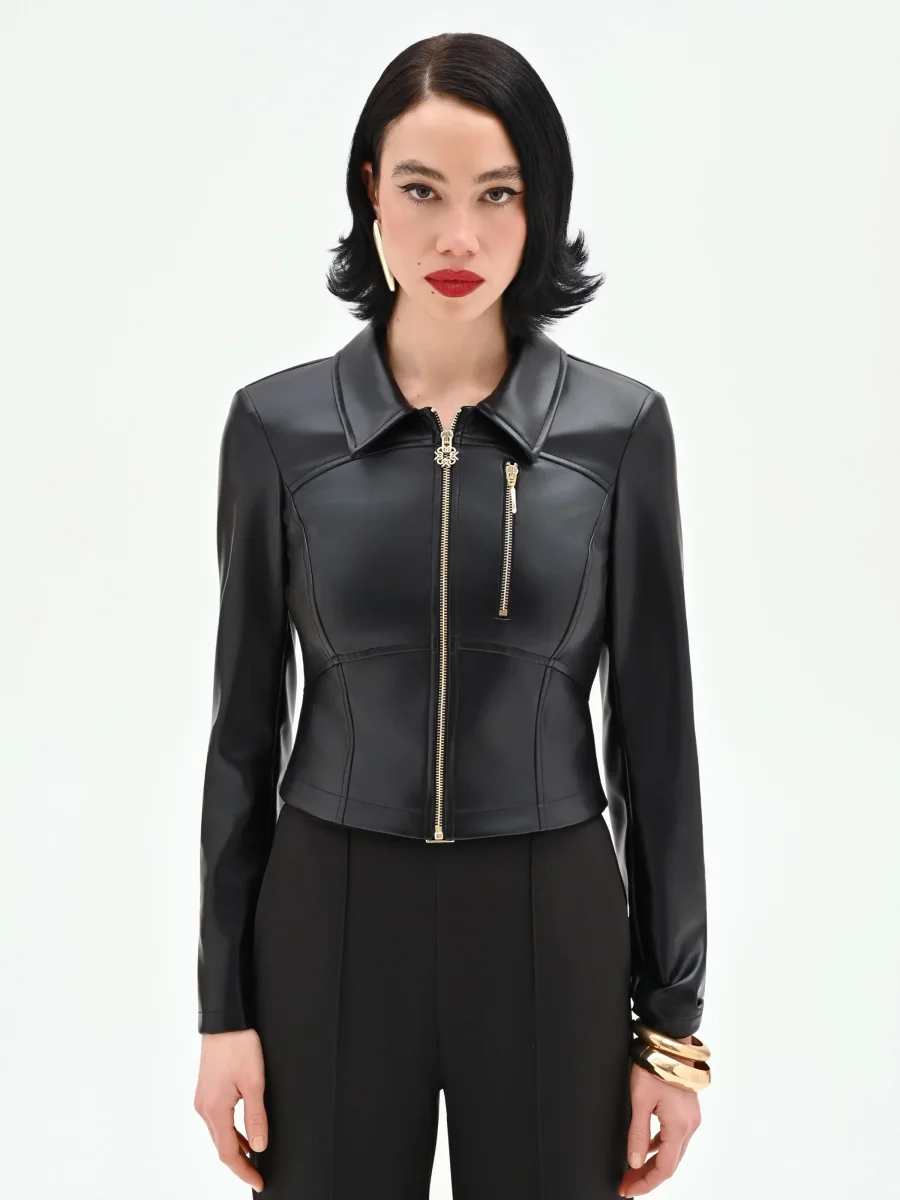 Biker nero effetto pelle con dettagli dorati – Image 3