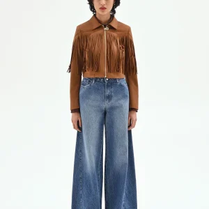 Giacca effetto camoscio cammello beige con frange