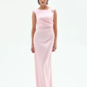 Abito lungo in raso drappeggiato rosa pastello
