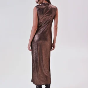 Abito Drappeggiato in Maglia Laminata Bronzo