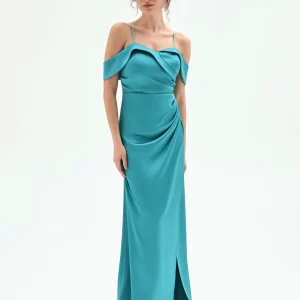 Abito lungo verde smeraldo con bustino drappeggiato