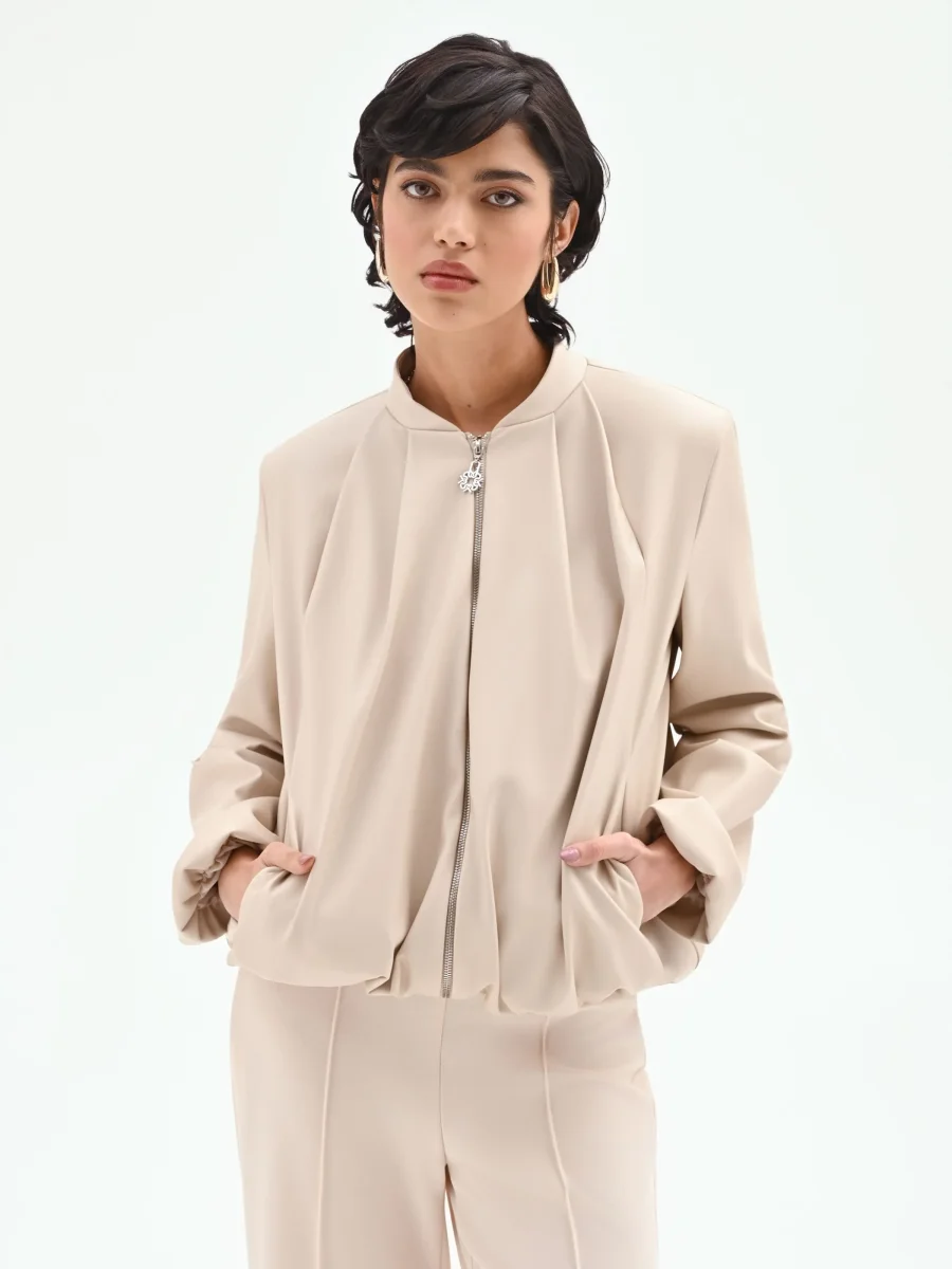 Bomber in similpelle tortora beige con maniche a palloncino – Image 6