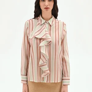 Camicia rosa a righe con rouche