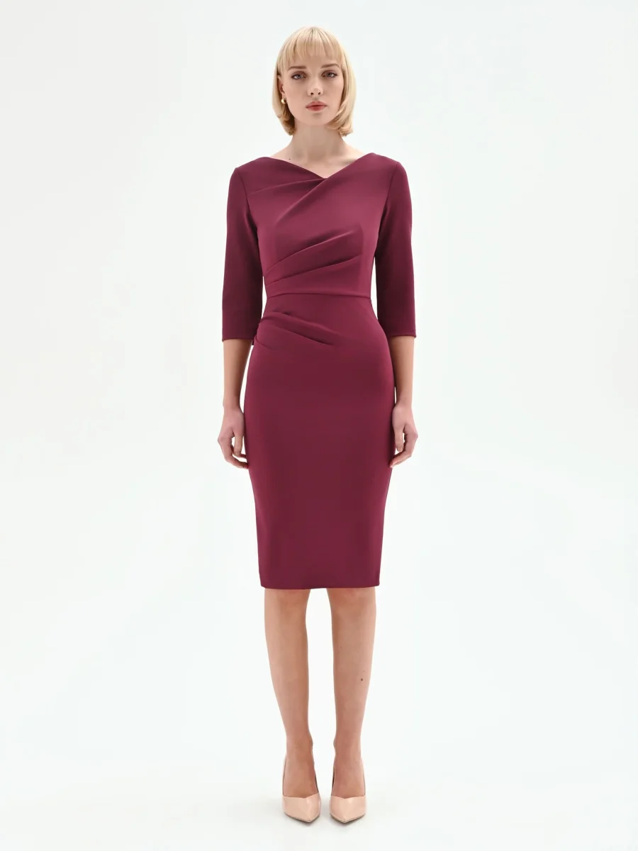 Abito tubino con scollo incrociato bordeaux