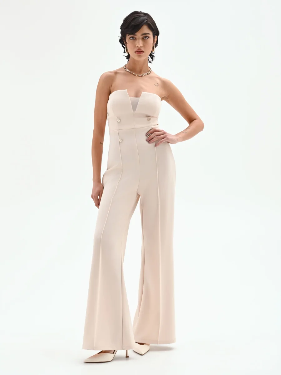 Tuta palazzo beige chiaro con bottoni e bustier – Image 5