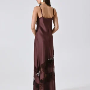 Abito in Raso Marrone con Inserti in Pizzo