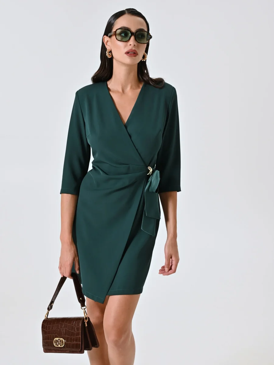 Abito Wrap con Nastri in Raso e decoro Gioiello Verde – Image 3