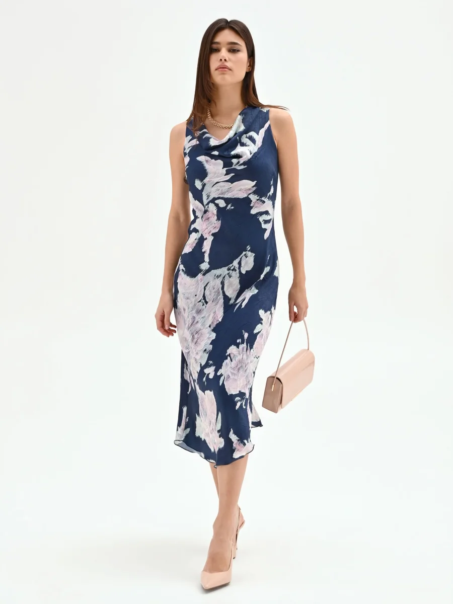 Abito longuette blu brillante con stampa floreale – Image 6