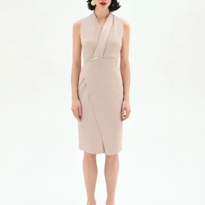 Abito tubino tortora beige con rever asimmetrico