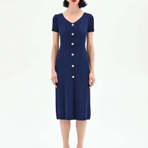 Abito longuette blu in maglia a costine con bottoni