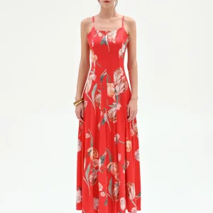 Abito lungo rosso fragola in tweed con stampa floreale