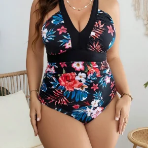 Amandine - Maillot De Bain Noir À Col En V Avec Imprimé Floral Élégant