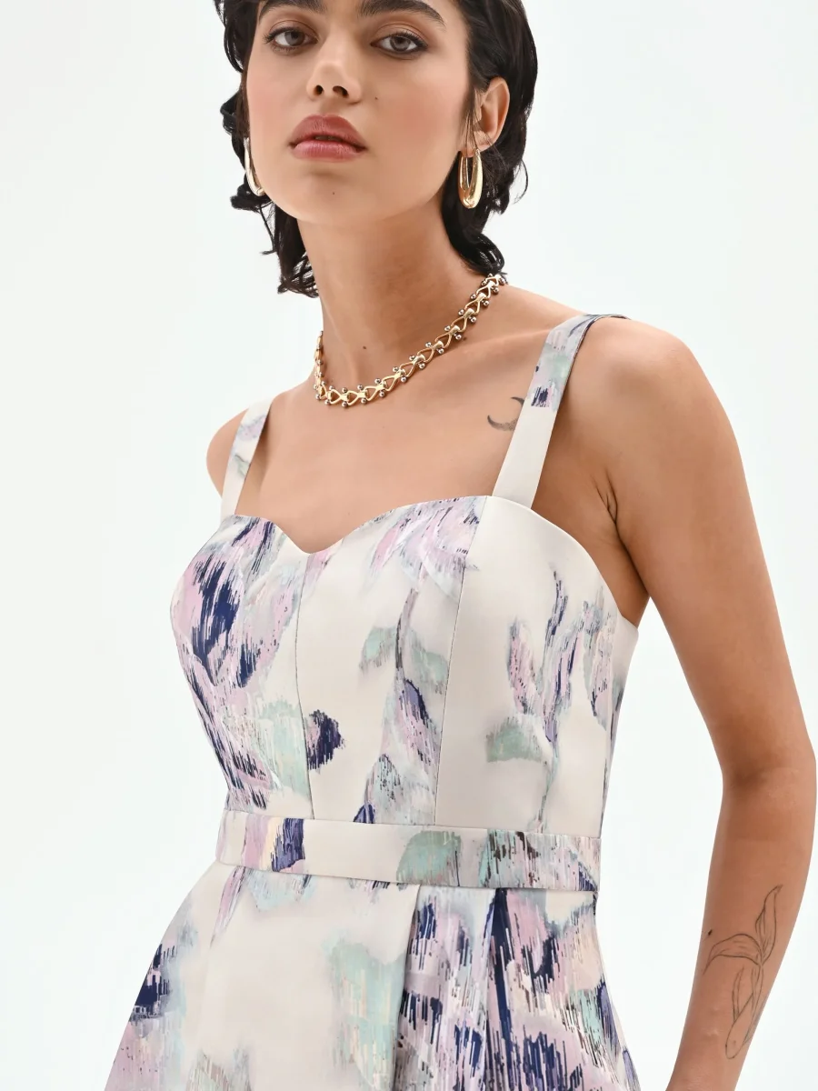 Abito midi a fiori astratti bianco panna – Image 4