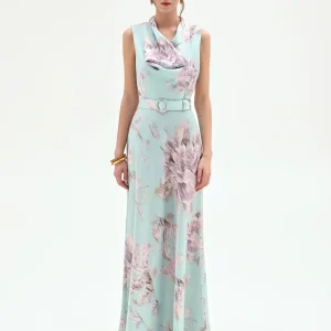Abito lungo verde menta con fantasia floreale