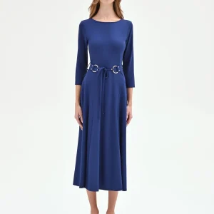 Abito blu brillante svasato con cintura