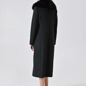Maxi Cappotto Nero misto Viscosa con Collo effetto Pelliccia